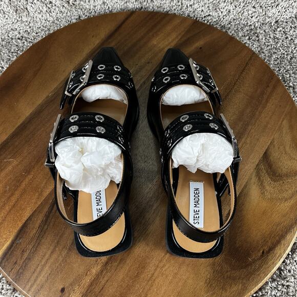 SIZE 9 - Steve Madden Graya Women's Patent Leather Flat Black Faux Strappy NEW - Picture 6 of 11